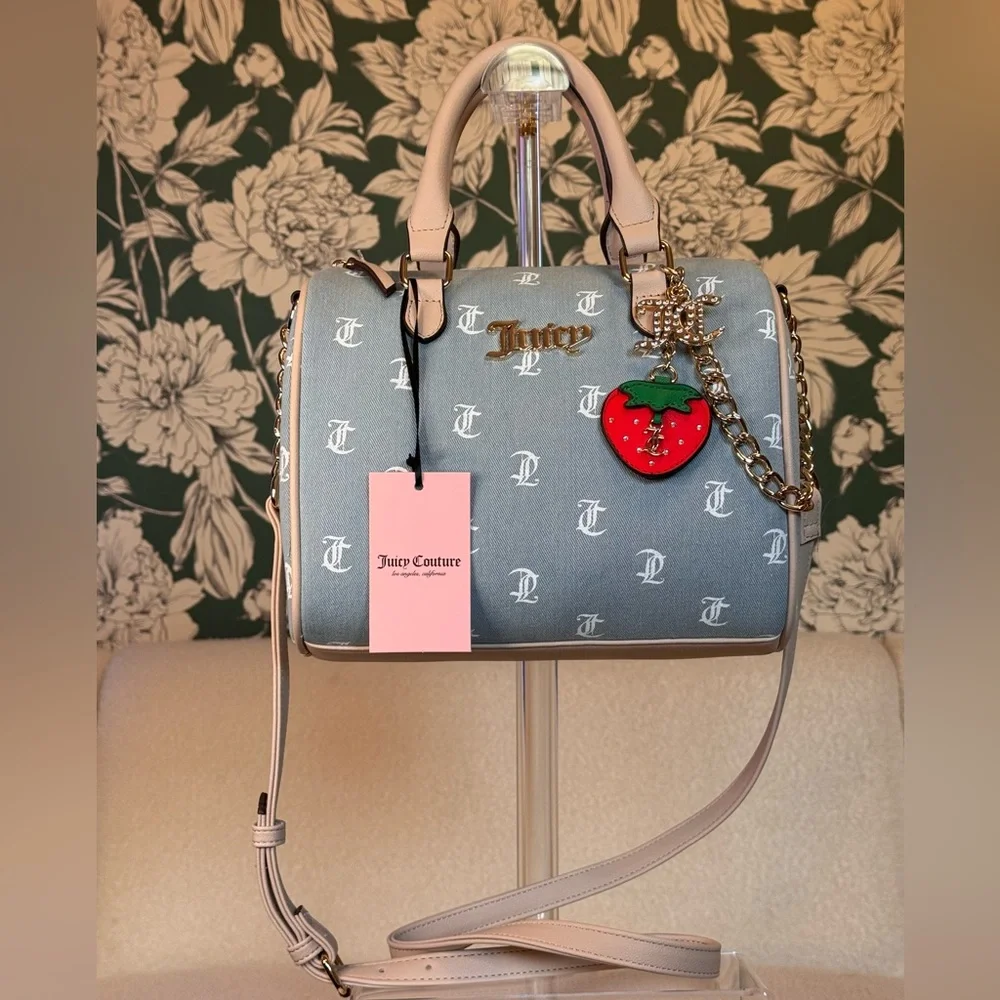 Juicy Couture Gray and Cream Satchel with Strawberry Charm and Gold Chain NWT